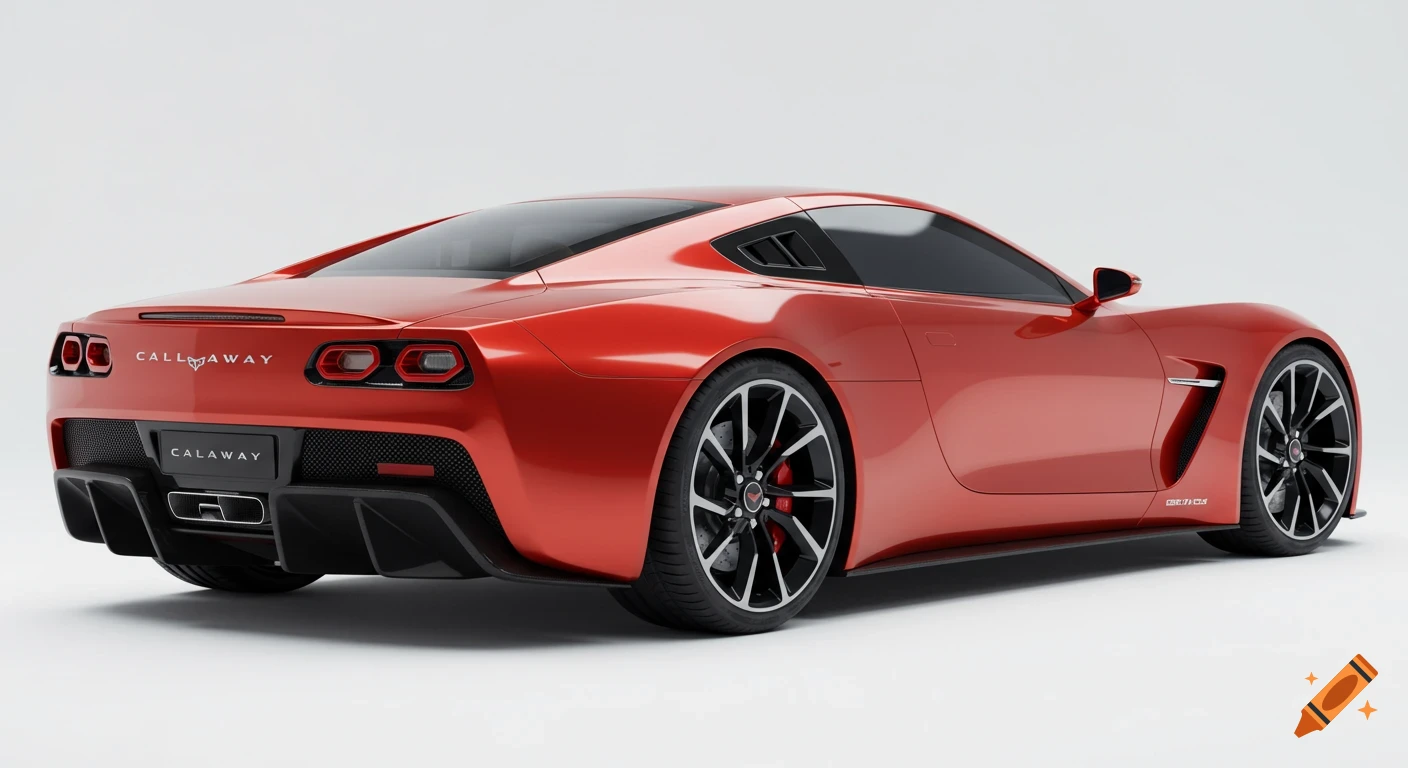 A sleek, red Callaway C400 Vision Gran Turismo Concept coupe, similar to a C4 Corvette, shown from the rear three-quarter view in a studio setting. Photorealistic rendering.