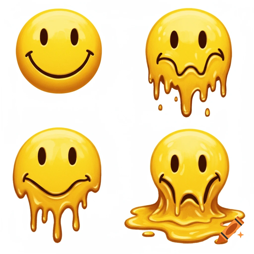 Four yellow smiley faces showing different stages of melting.