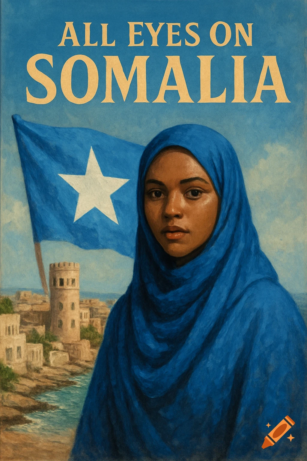 Portrait of a woman in a blue head covering, in front of the Somali flag and a cityscape. Painted style.