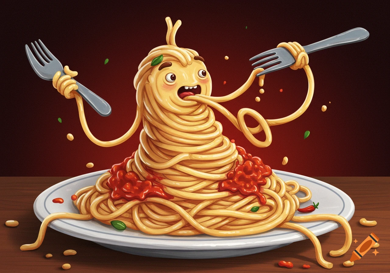 Cartoon spaghetti character eating itself with spaghetti forks.