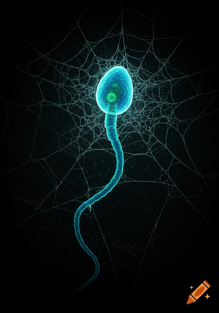 A glowing blue sperm cell is caught in a translucent spider web structure against a dark background.