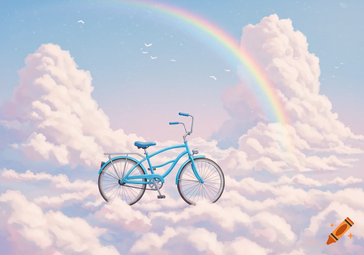 A blue bicycle floats among pink and white clouds under a pastel rainbow in a blue sky.