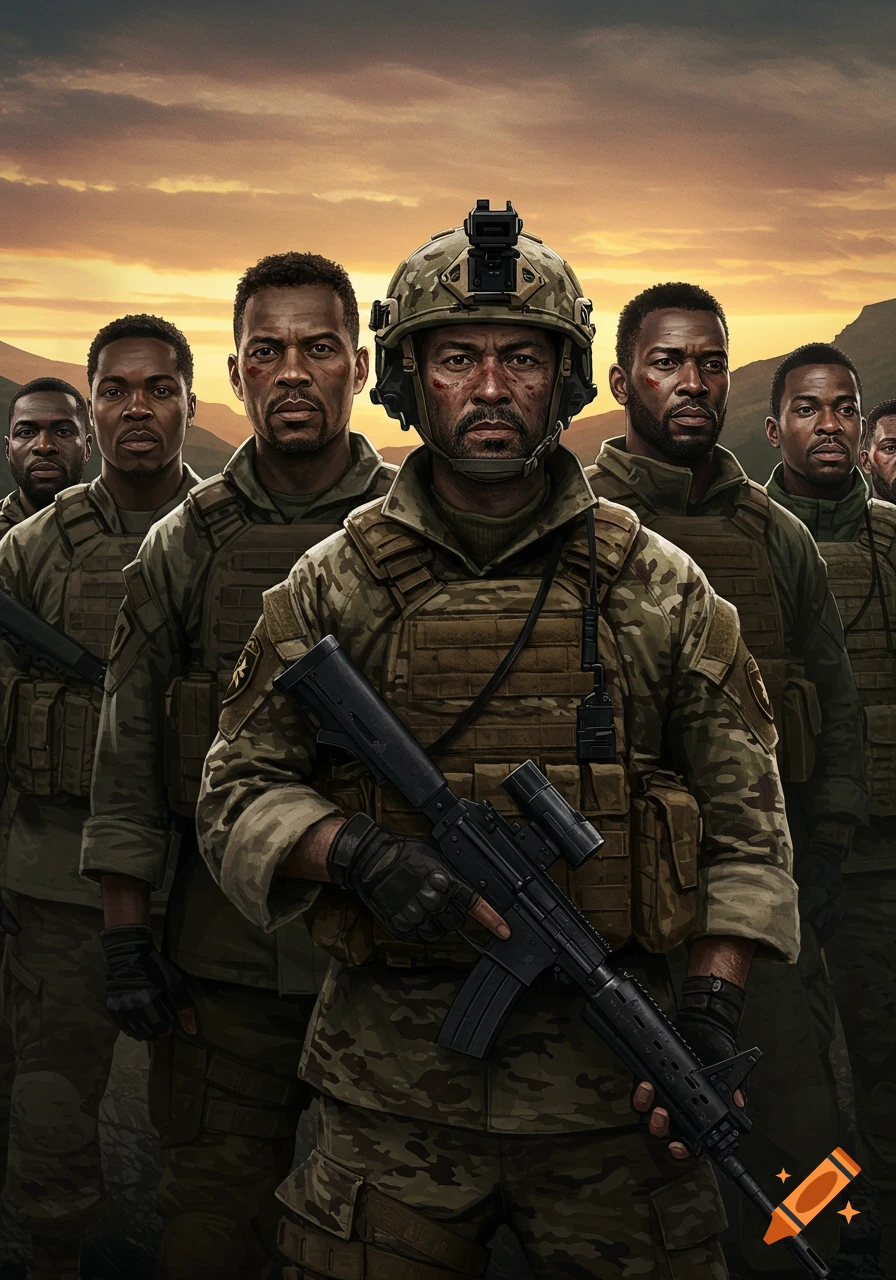 Several soldiers in camouflage stand outside at sunset