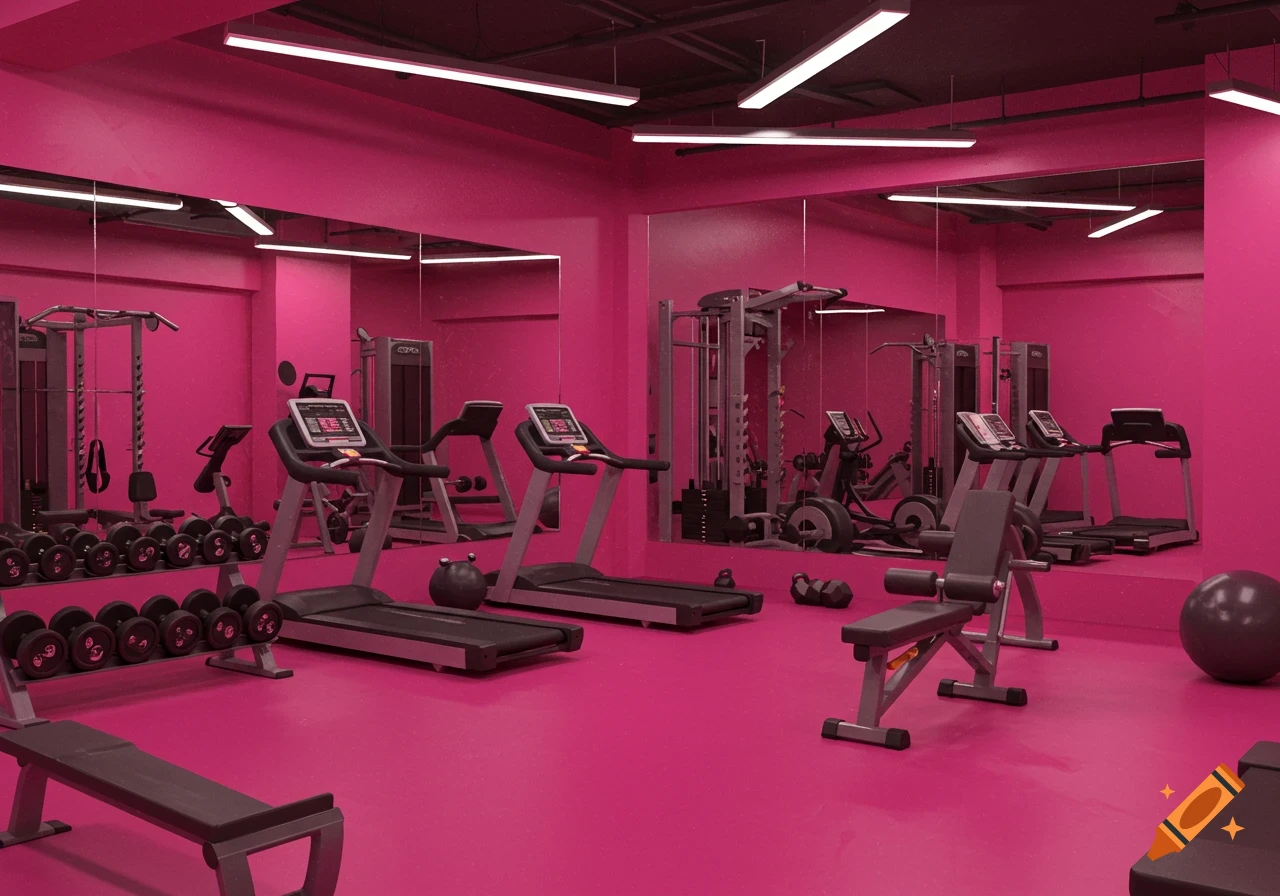 A pink and black gym interior with treadmills, weights, and mirrors.