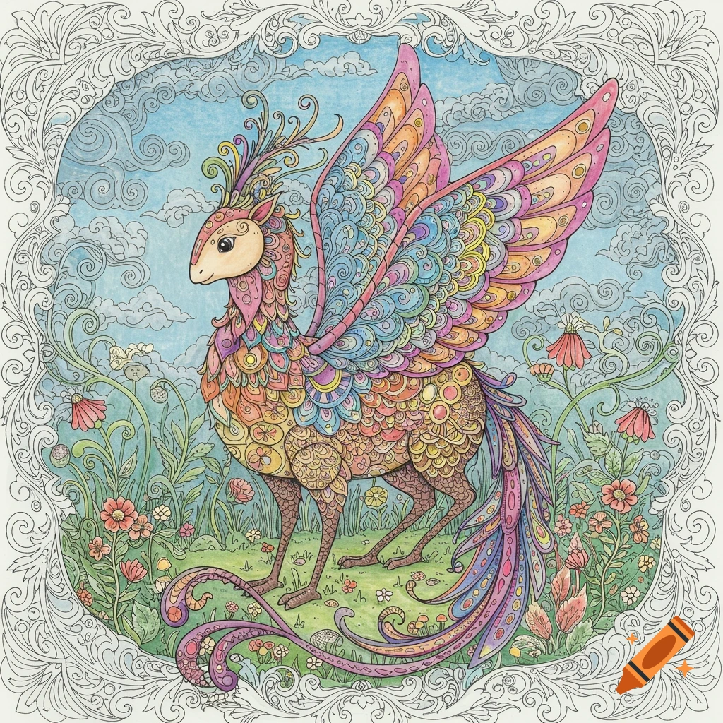 A colorful winged fantasy creature in a meadow, illustrated like a detailed coloring book page