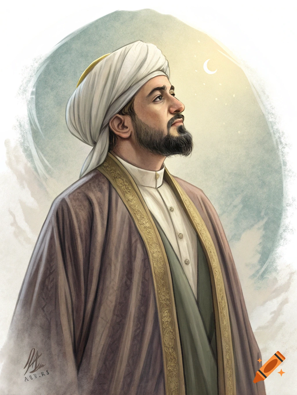 Portrait illustration of a man in a turban looking at the moon