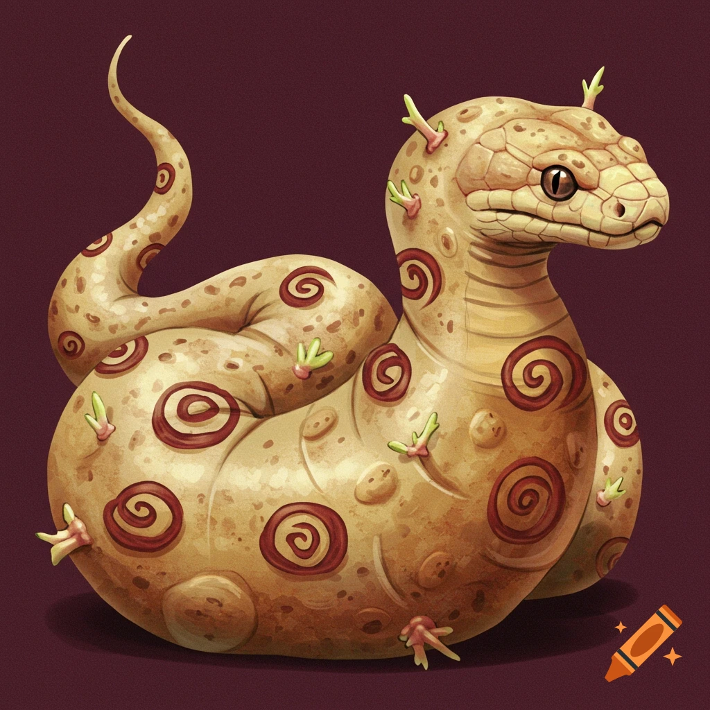 An illustration of a creature combining features of a snake and a potato, with sprouts growing from its body.