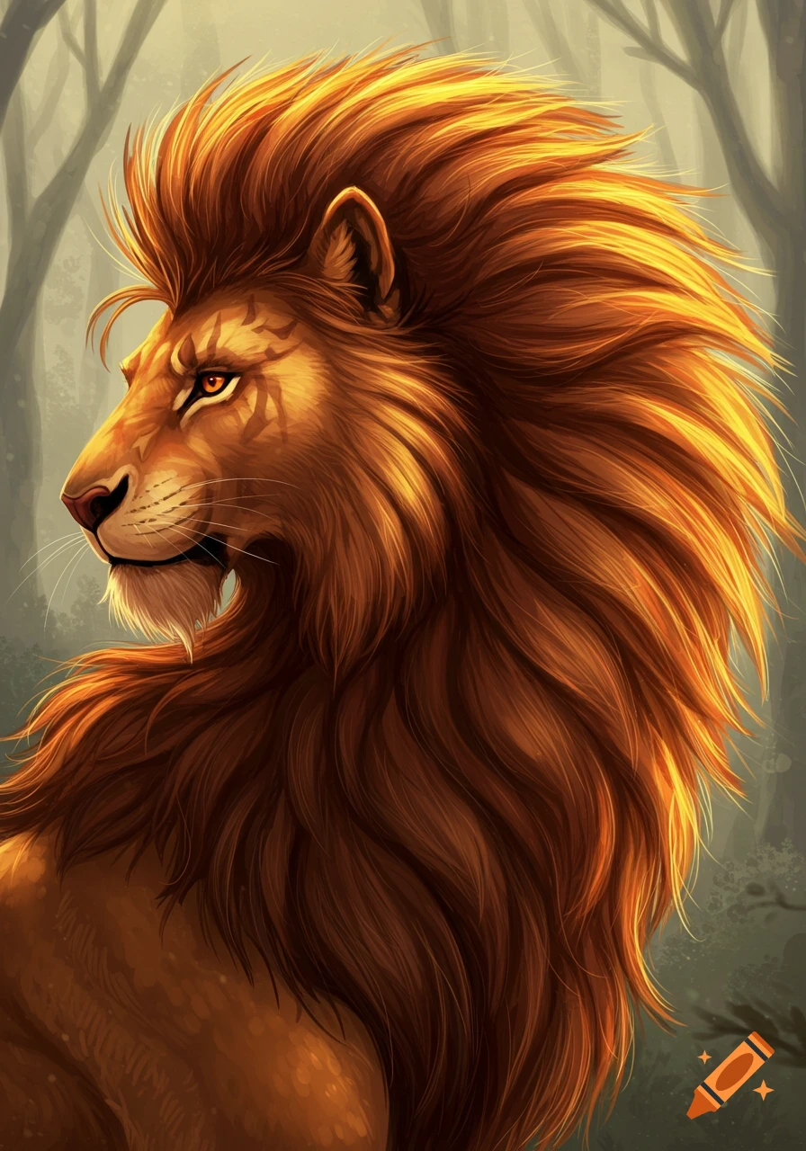 Portrait of a majestic lion with a fiery mane against a blurry forest background, digital art style.