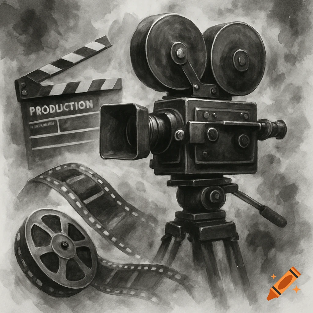 Black and white illustration of a vintage movie camera, clapperboard, and film reel.