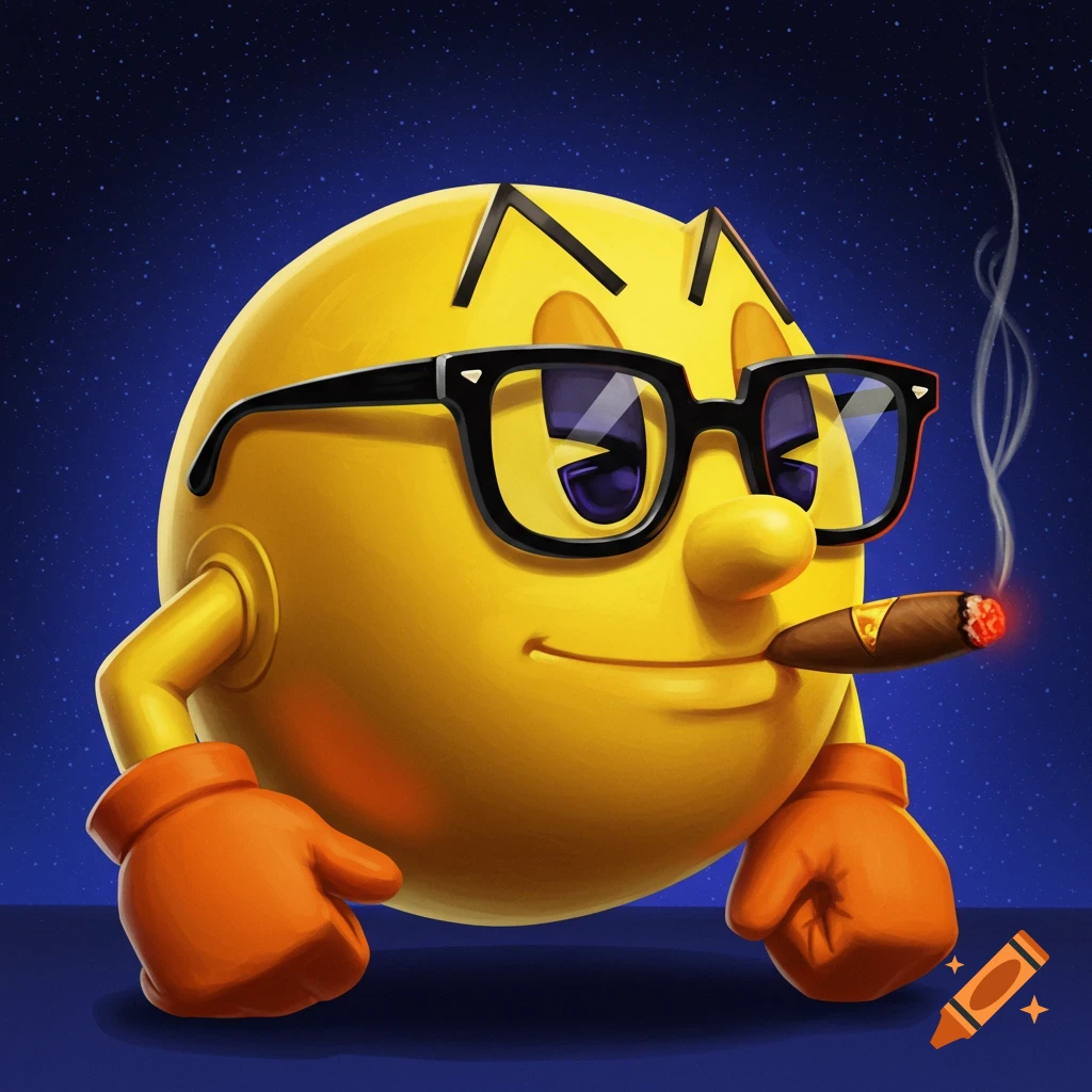 Stylized portrait of Pac-Man wearing glasses and smoking a cigar against a starry background.