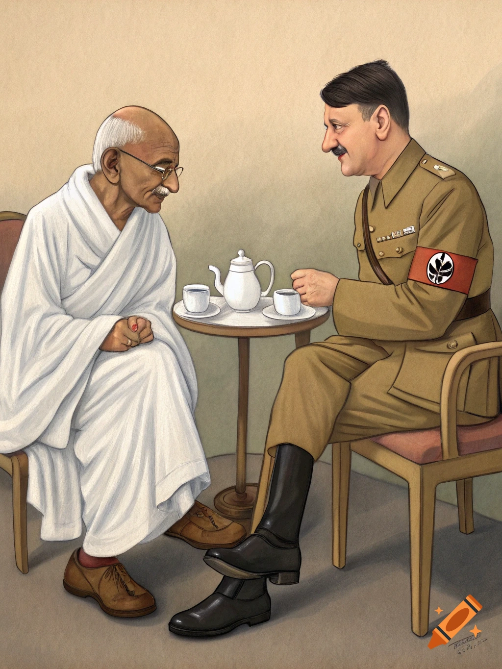 Drawing of Mahatma Gandhi and Adolf Hitler sitting at a table having tea.
