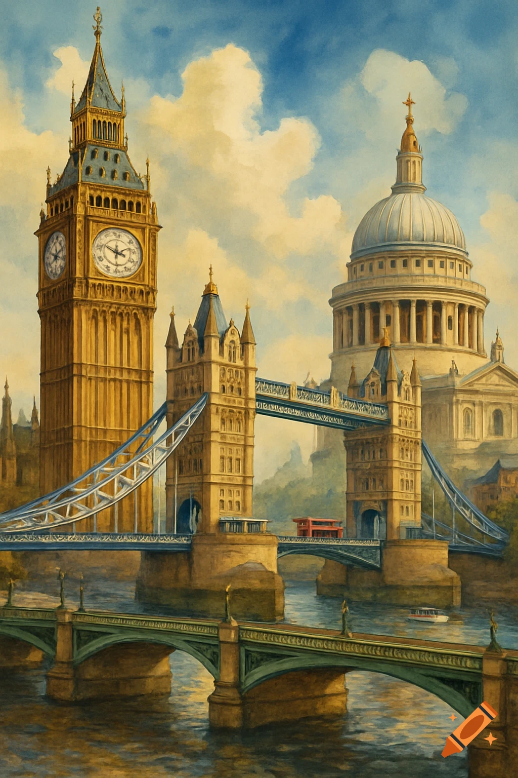 A painting of London landmarks including Big Ben, Tower Bridge, and St Paul's Cathedral.