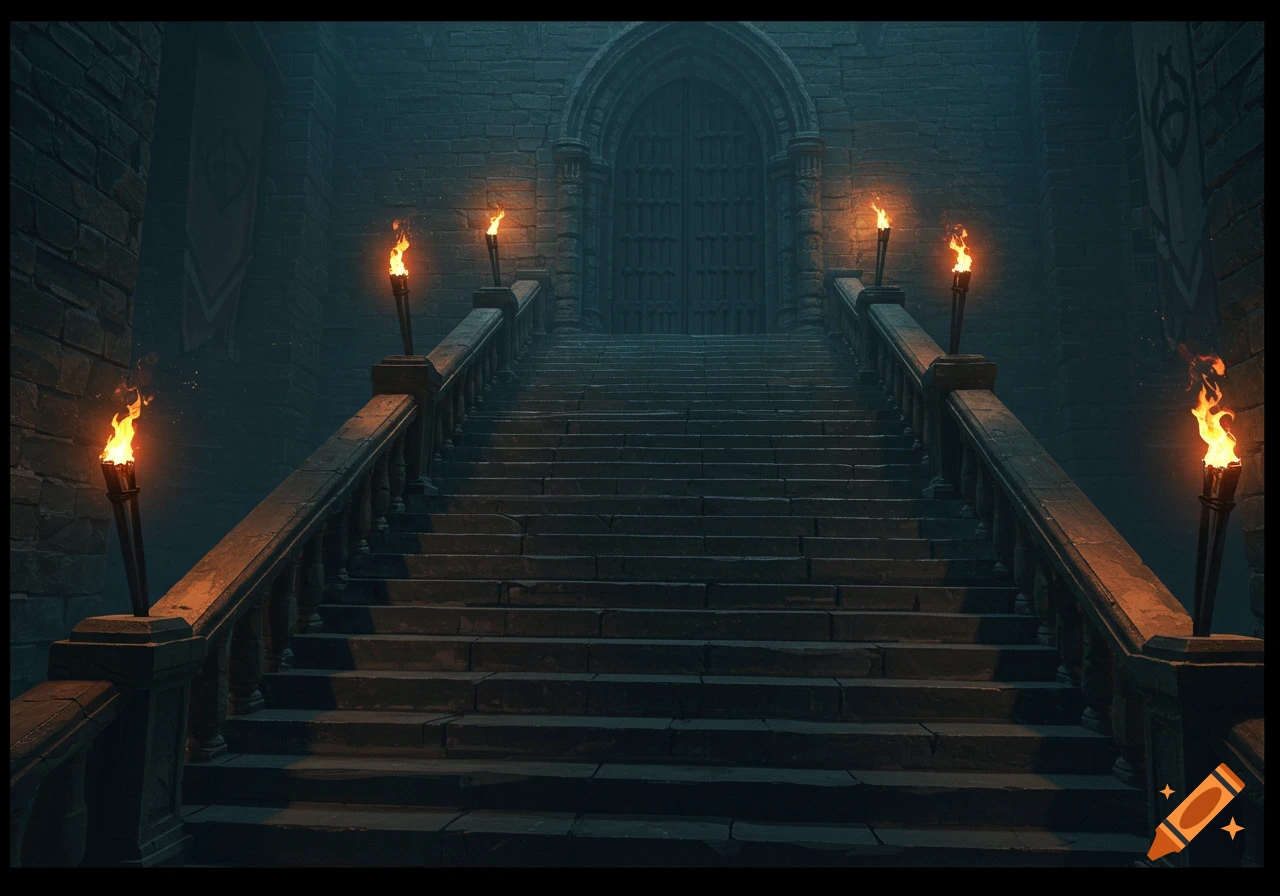 Dark medieval castle interior with stone stairs leading to a large door, lit by torches.