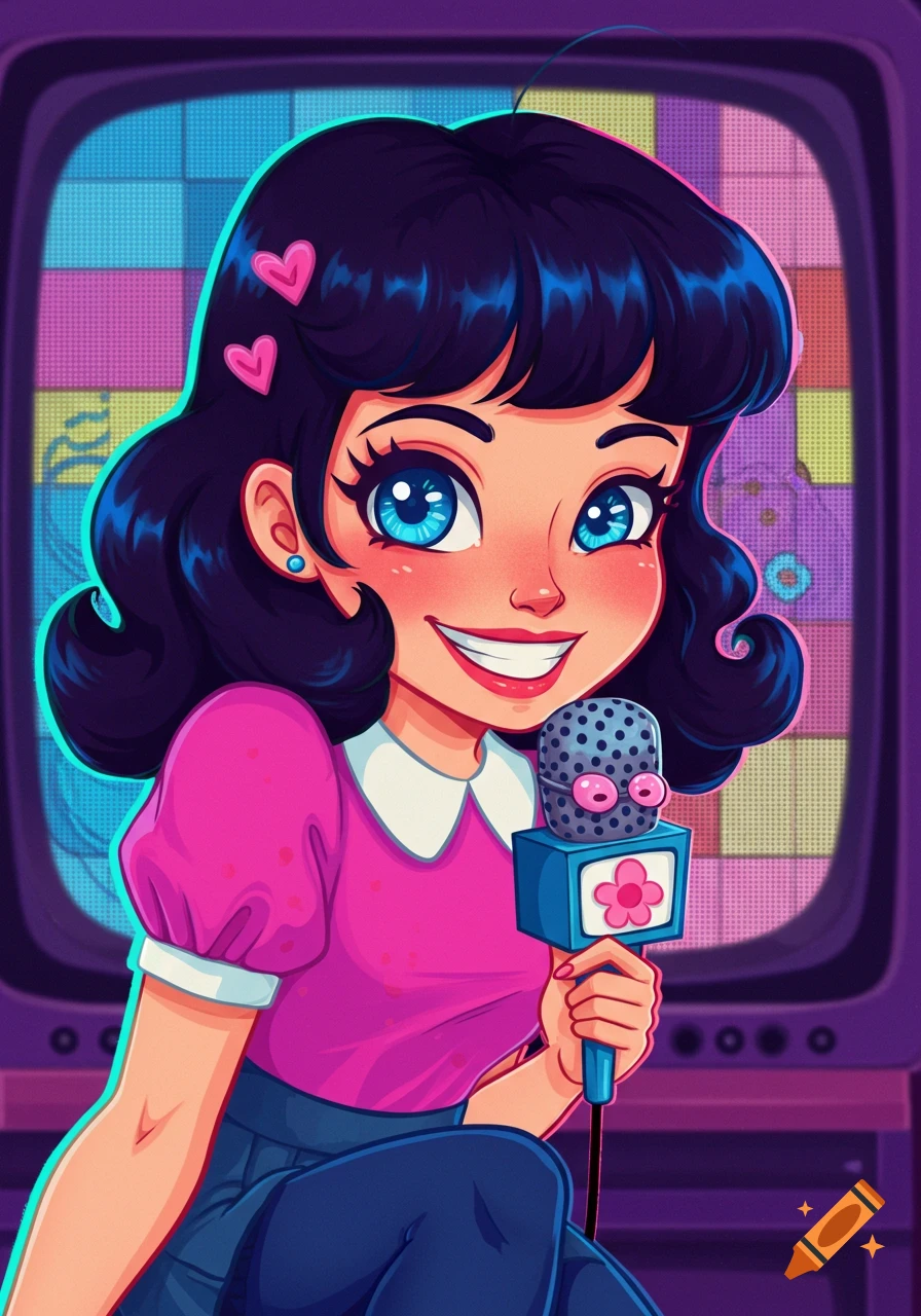 Cartoon illustration of a girl holding a microphone in front of a retro television.
