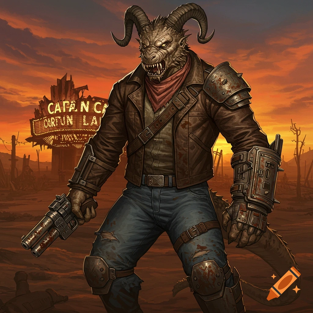 Anthropomorphic deathclaw character in courier attire standing in a post-apocalyptic wasteland.