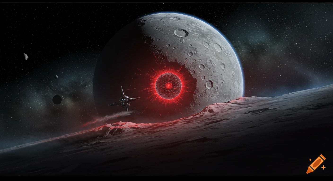 Sci-fi space scene with a large moon cracked and glowing red, a spaceship, and other celestial bodies.