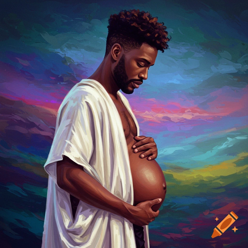 Painting of a pregnant man holding his belly against a colorful background.