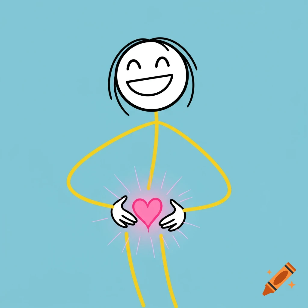 A happy stick figure holding a glowing pink heart on its stomach.