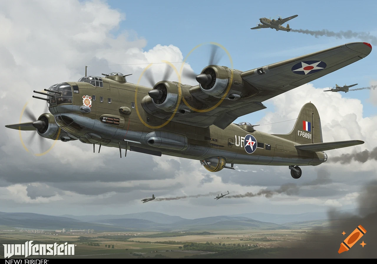 Illustration of a large multi-engine bomber plane flying over a landscape with smaller planes.