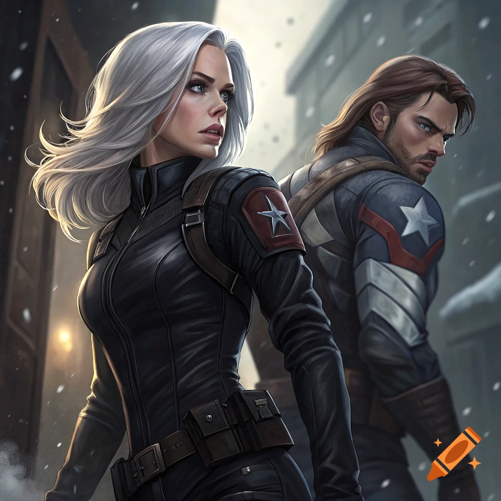 A woman with silver hair and Marvel's Bucky Barnes stand in a snowy city.