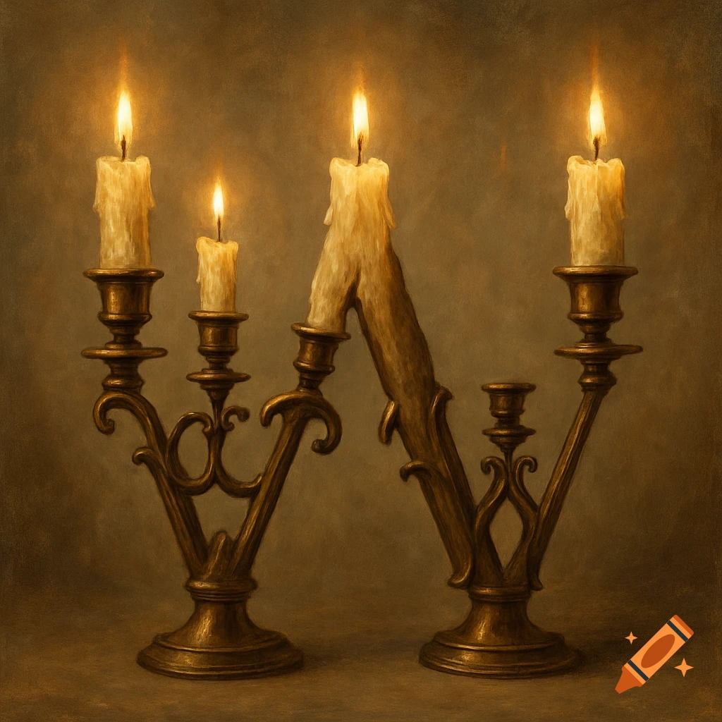 Candelabra arranged in the shape of a capital letter W with lit candles.