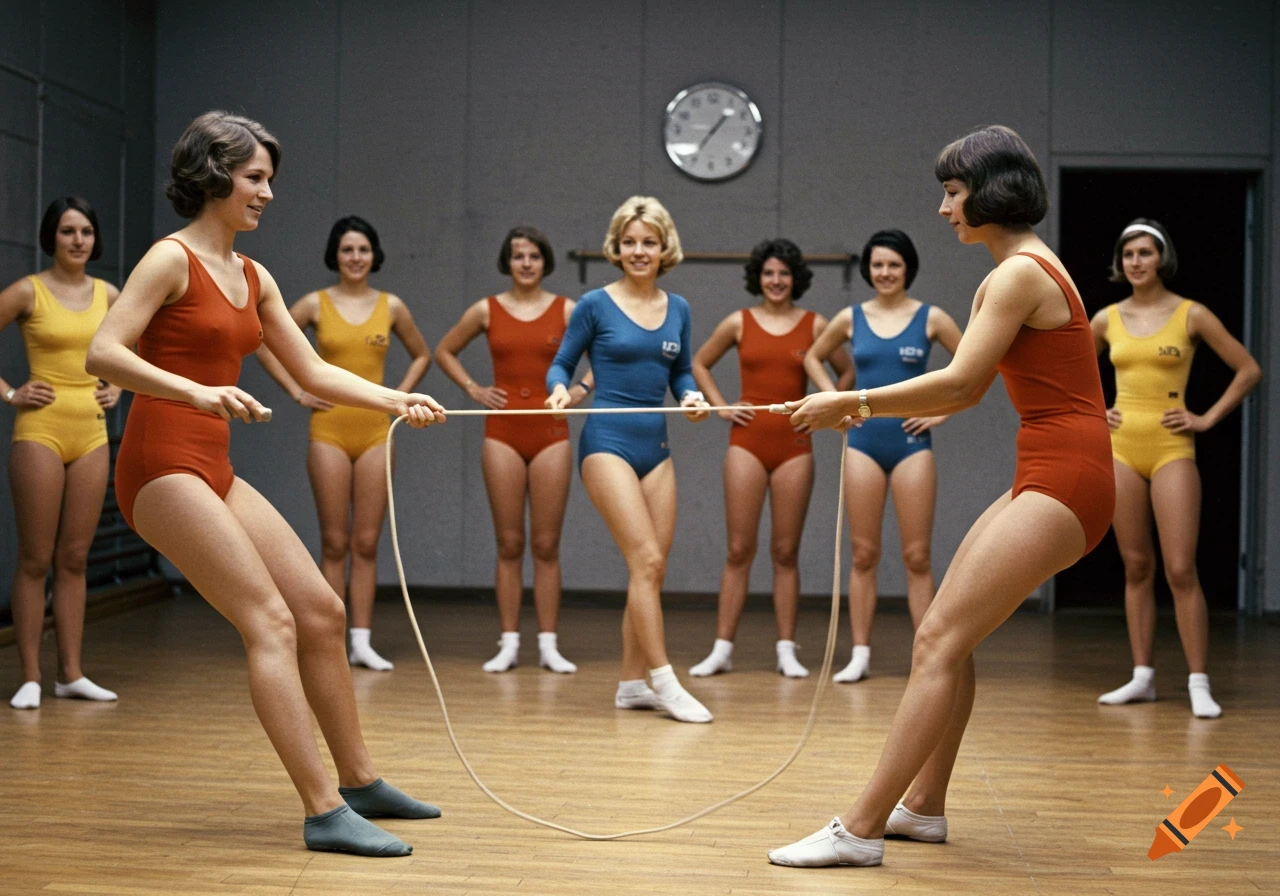 Group of women in leotards holding a jump rope in a gym, 1970s color photo.