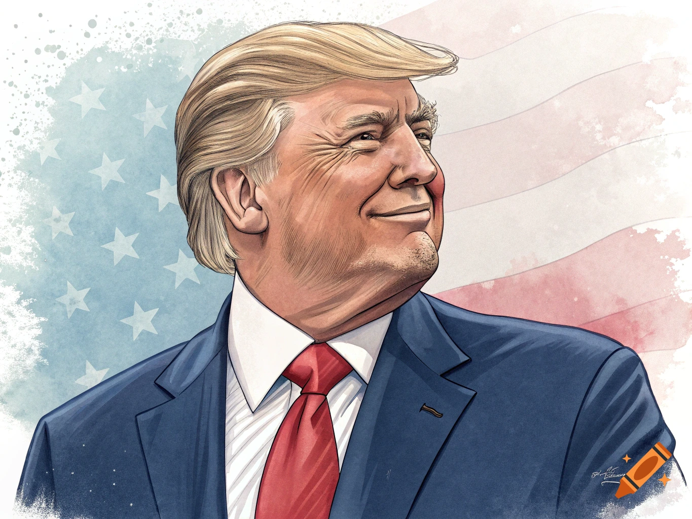 Illustration of Donald Trump smiling in front of an American flag.