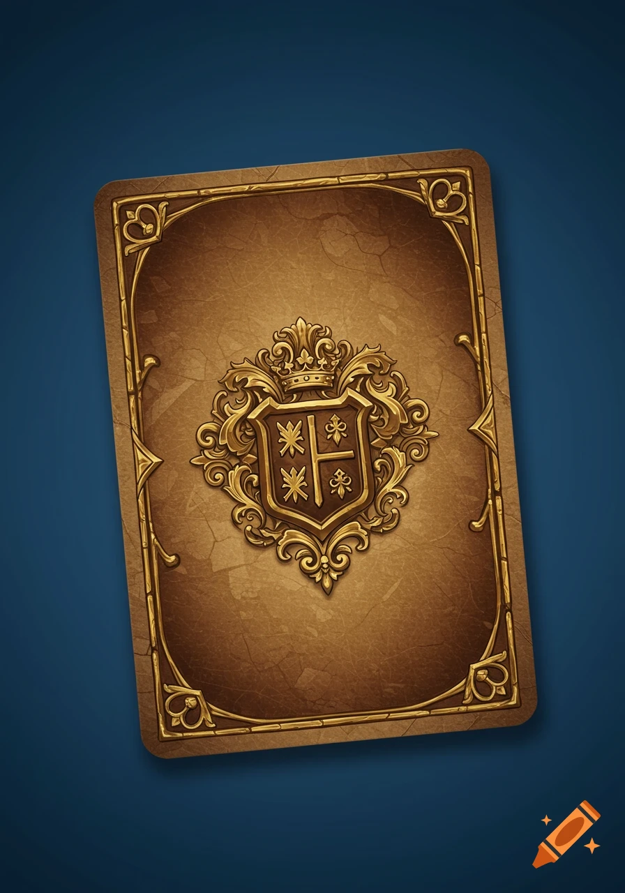 Detailed golden crest on a textured brown playing card back with ornate gold border.
