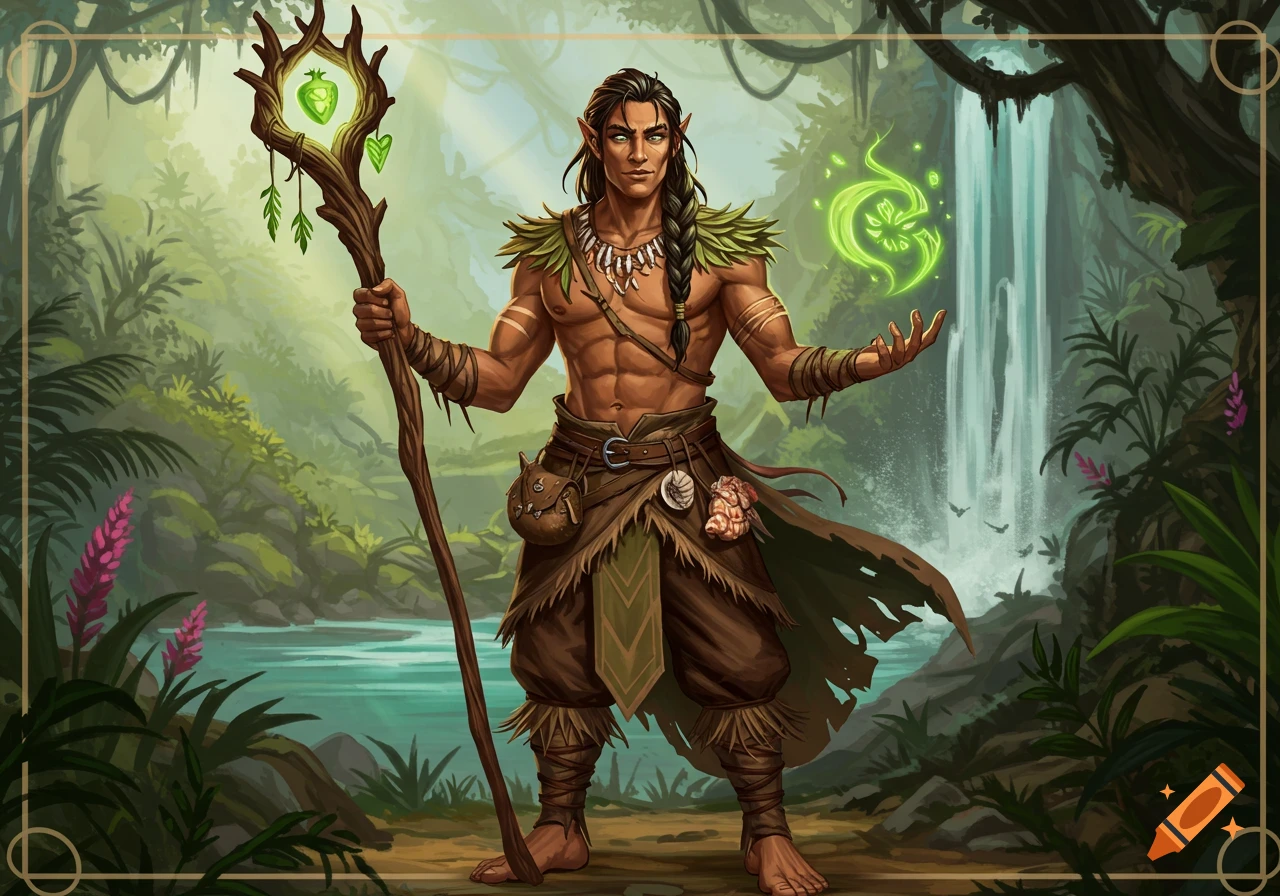 A male elf druid in a jungle setting holding a staff and casting a spell.
