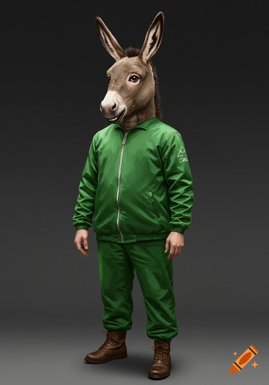 A man in a green tracksuit wears a realistic donkey head costume.