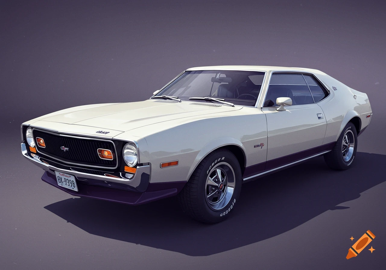 A white 1973 AMC Javelin AMX with a purple stripe against a simple background.