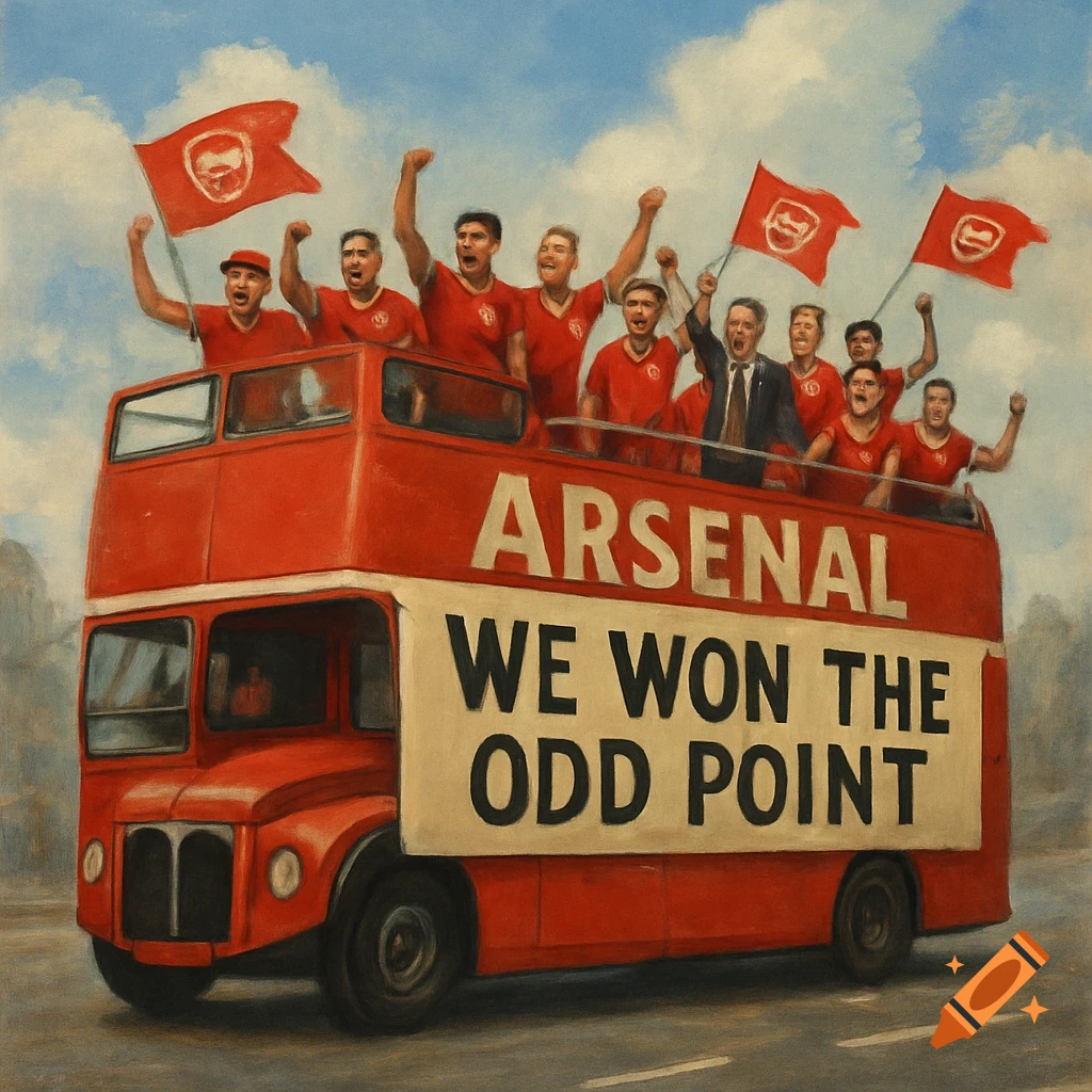 Painting of an Arsenal bus parade with people celebrating and a banner saying 'Arsenal We Won The Odd Point'.