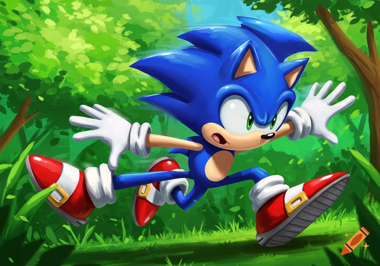 Sonic the Hedgehog runs quickly through a vibrant green forest in a dynamic, animated style.