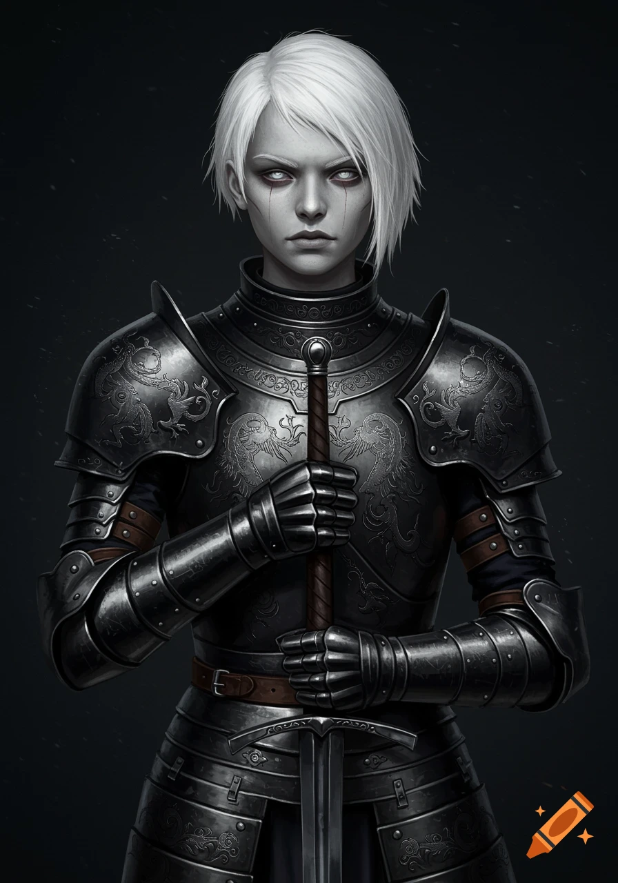 A woman with white hair and pale skin wears black fantasy armor and holds a sword.