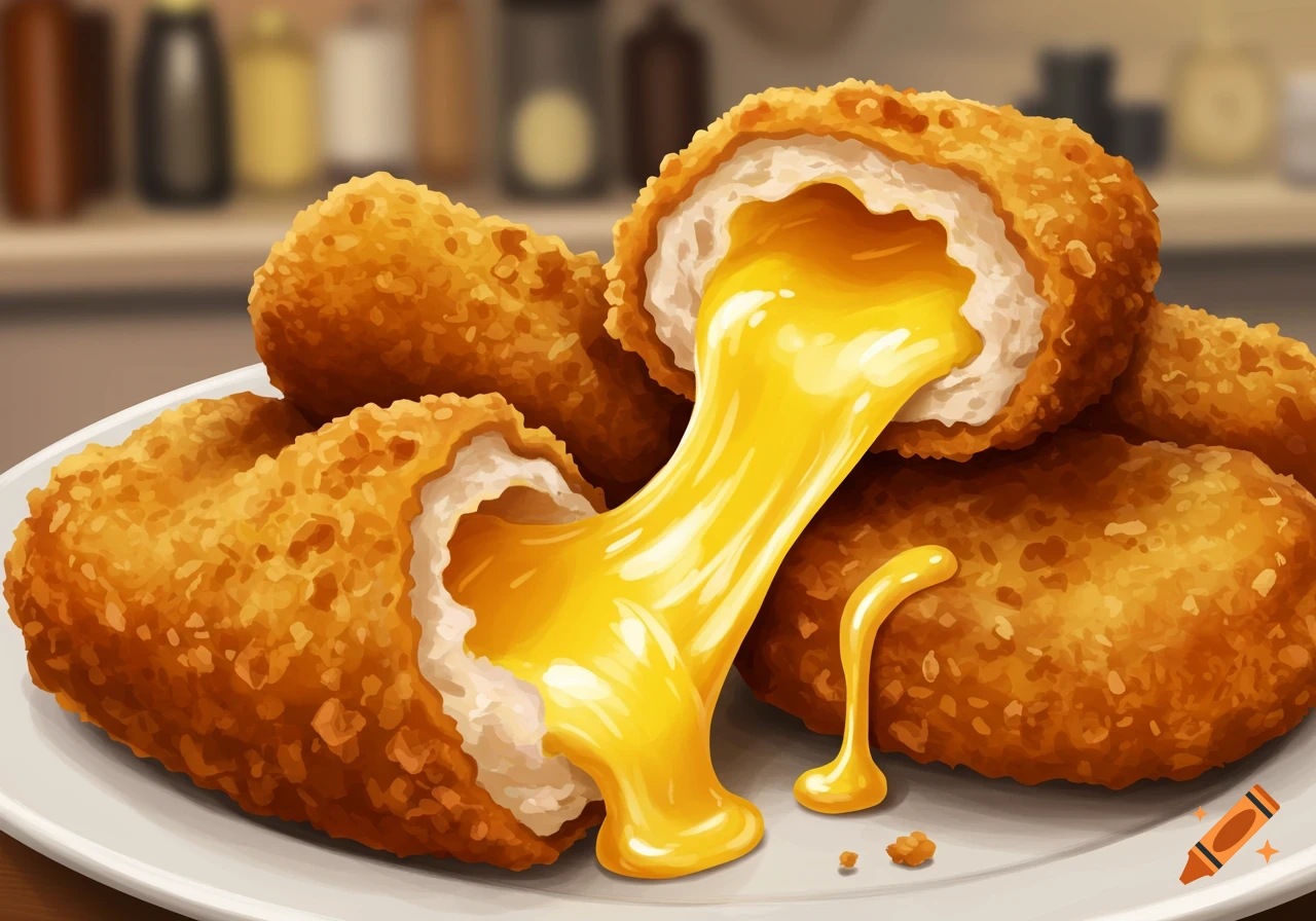 Close-up illustration of fried nuggets with melting cheese pulling out