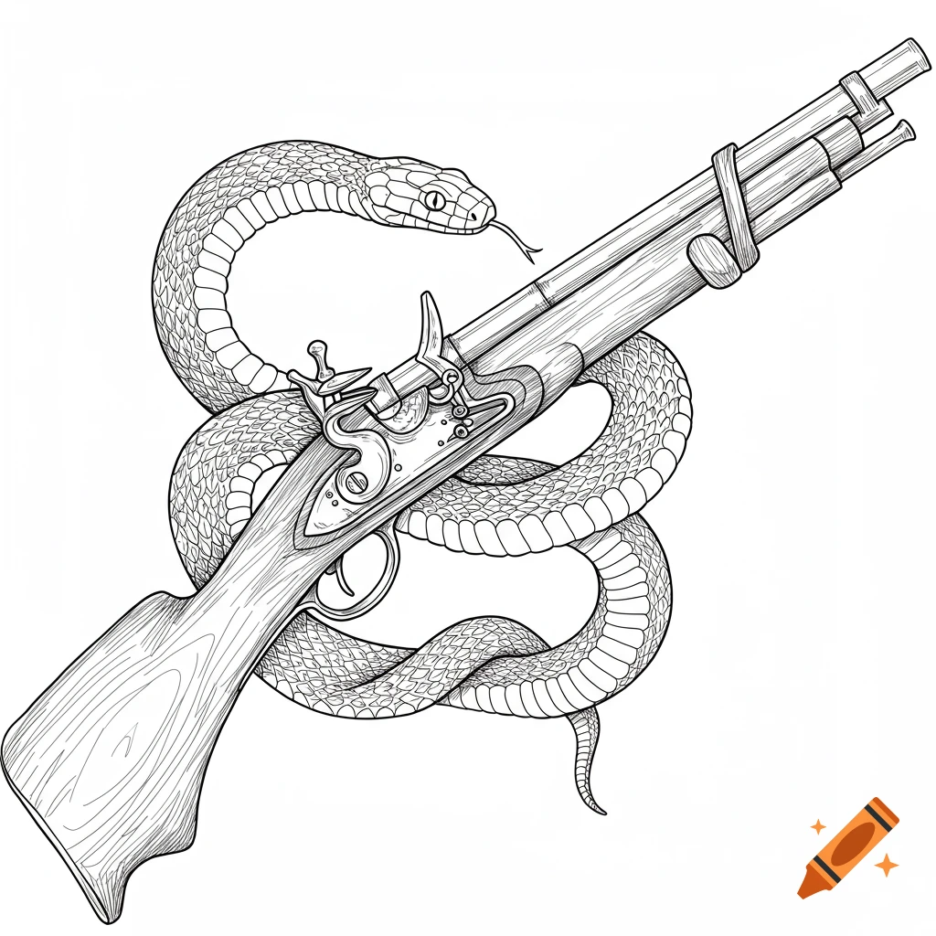 Line drawing of a snake wrapped around a musket.
