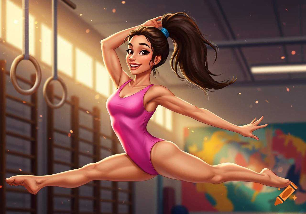 Stylized illustration of a female gymnast in a pink leotard doing a split leap in a gym.