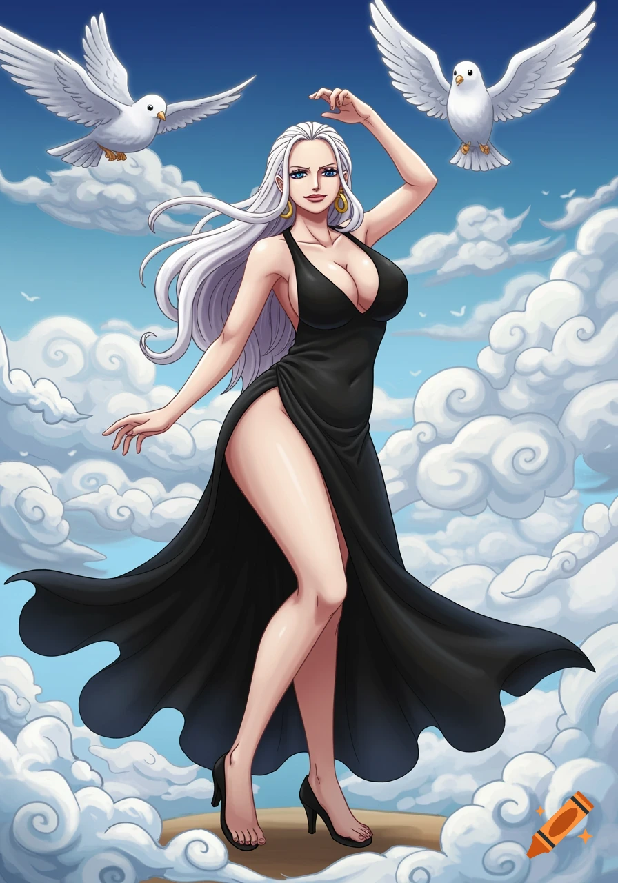 Woman with white hair in black dress poses among clouds with doves, anime style