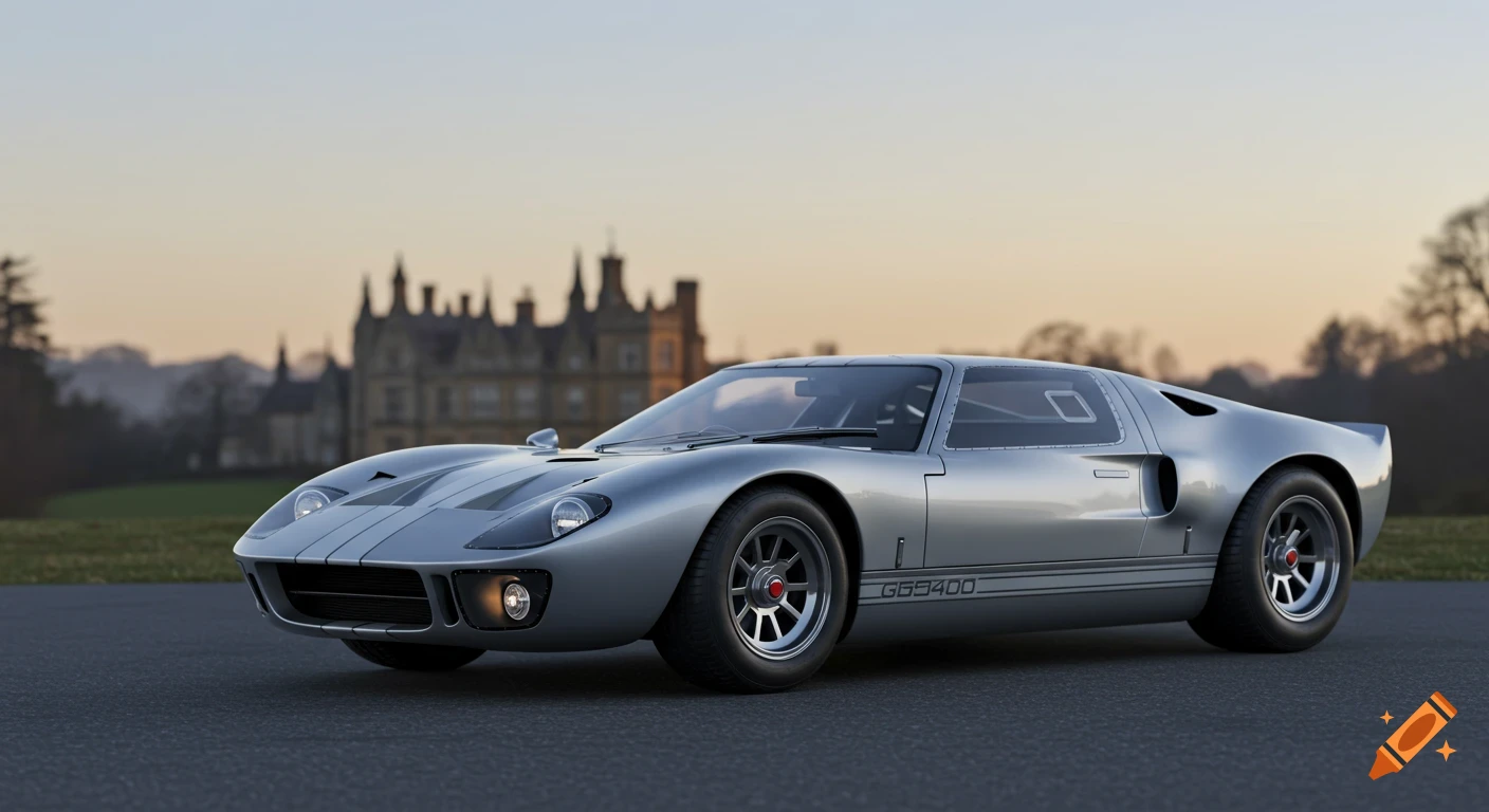 A silver vintage Ford GT40 Mark 1 car on an asphalt road with a blurred mansion background at sunset.