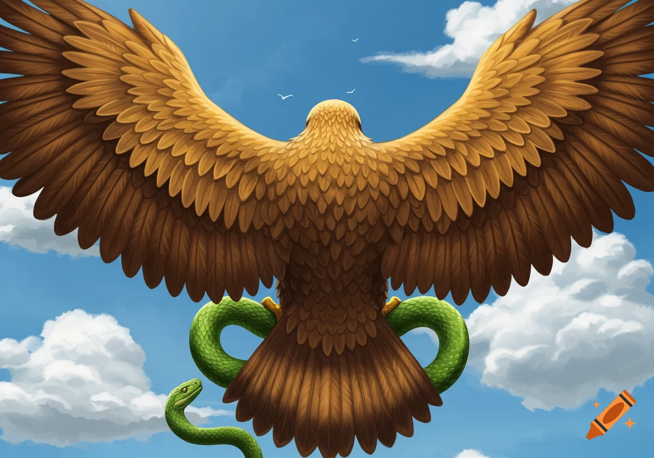 Back view of a golden eagle with spread wings holding a green snake, set against a blue sky with clouds. Illustration style.