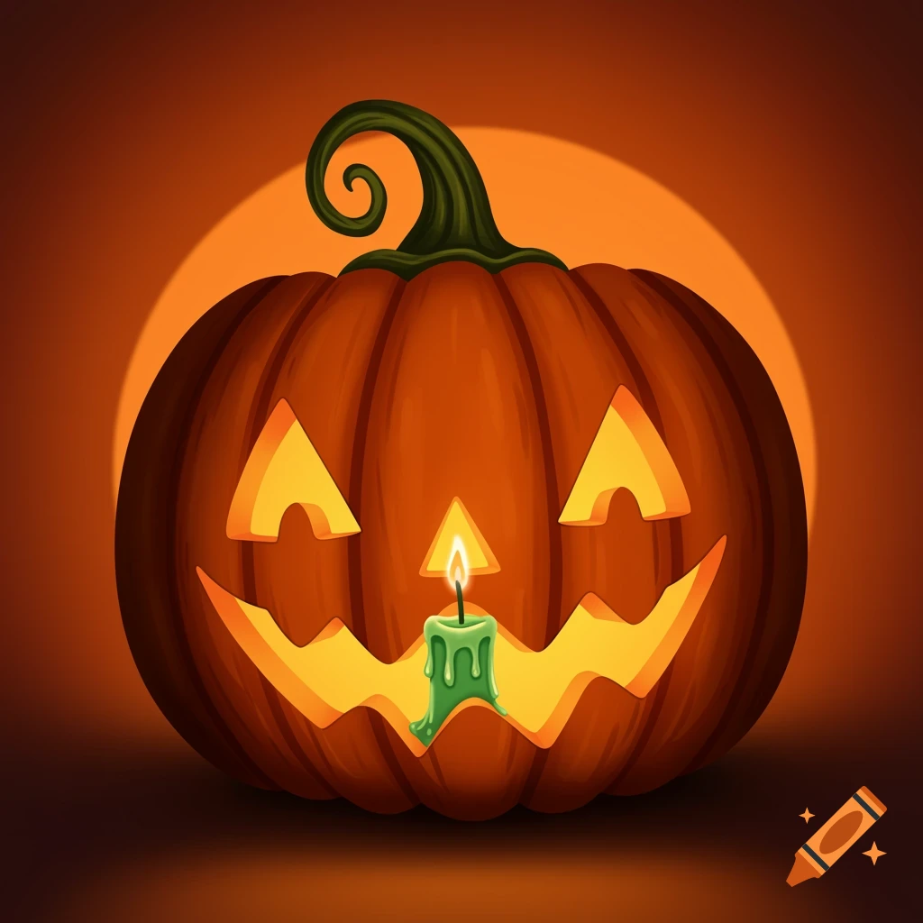 A cartoon Jack o' Lantern glows with a green candle inside.