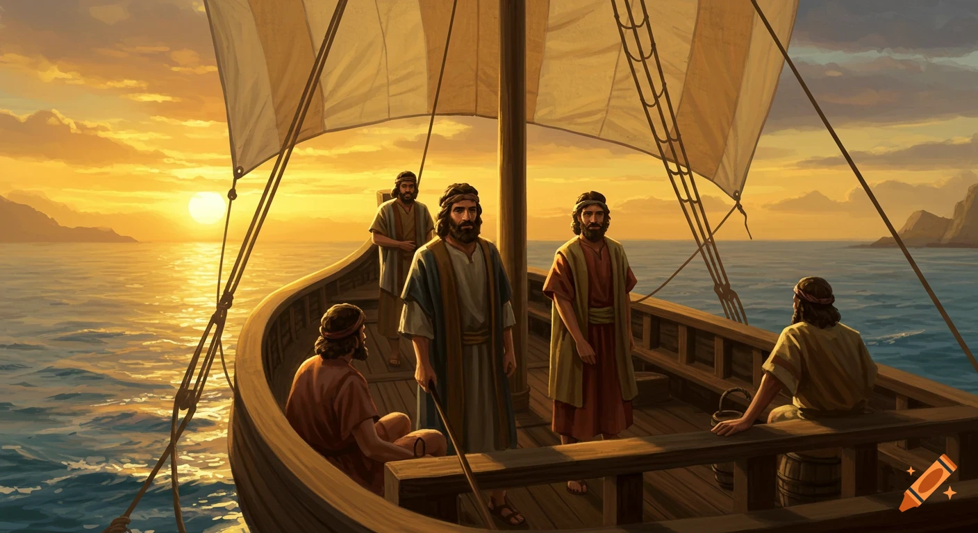 Men on a ship at sea during a golden sunset. Painting style.