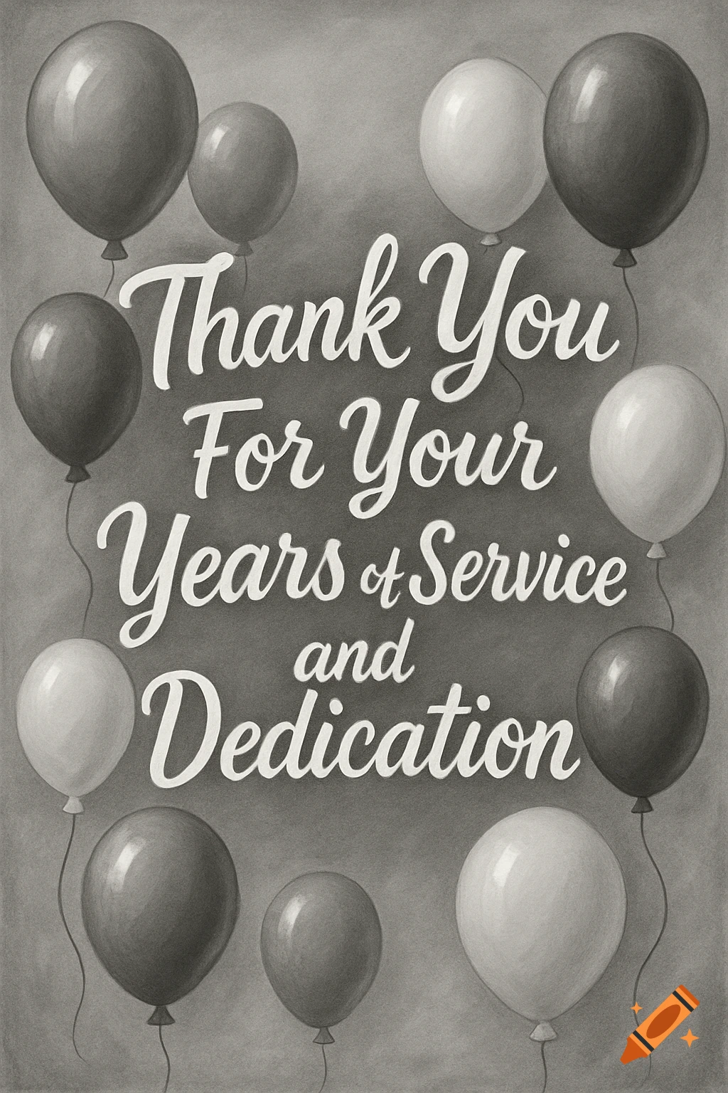 Monochrome illustration with balloons and text 'Thank You For Your Years of Service and Dedication'.