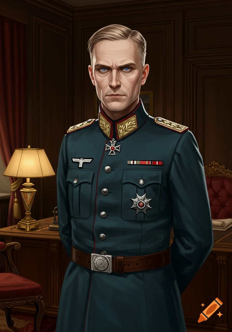 A detailed portrait illustration of a man in a dark green military uniform standing in an office.