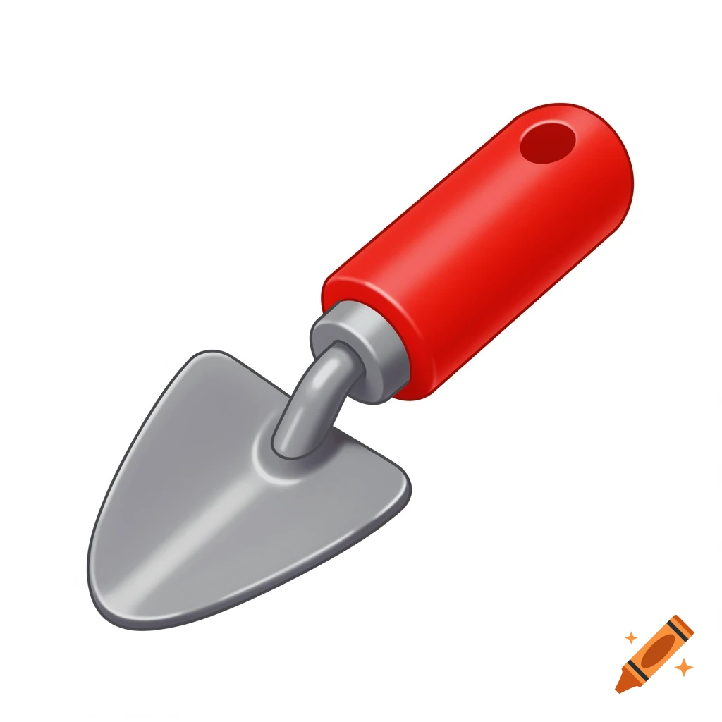 Illustration of a small gardening trowel with a red handle.