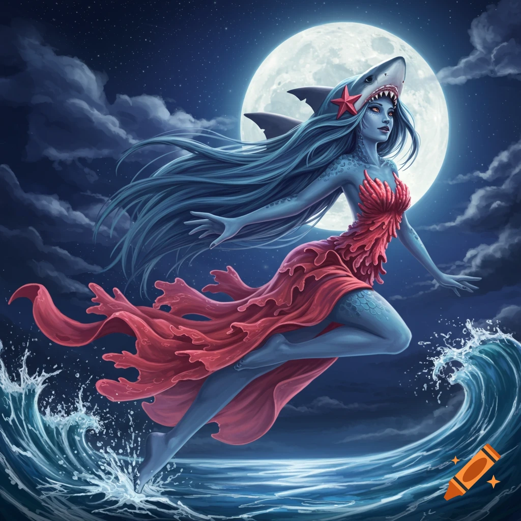 A blue-skinned creature with long blue hair, shark headpiece, and a red coral-like dress leaps from the ocean water at night under a full moon.