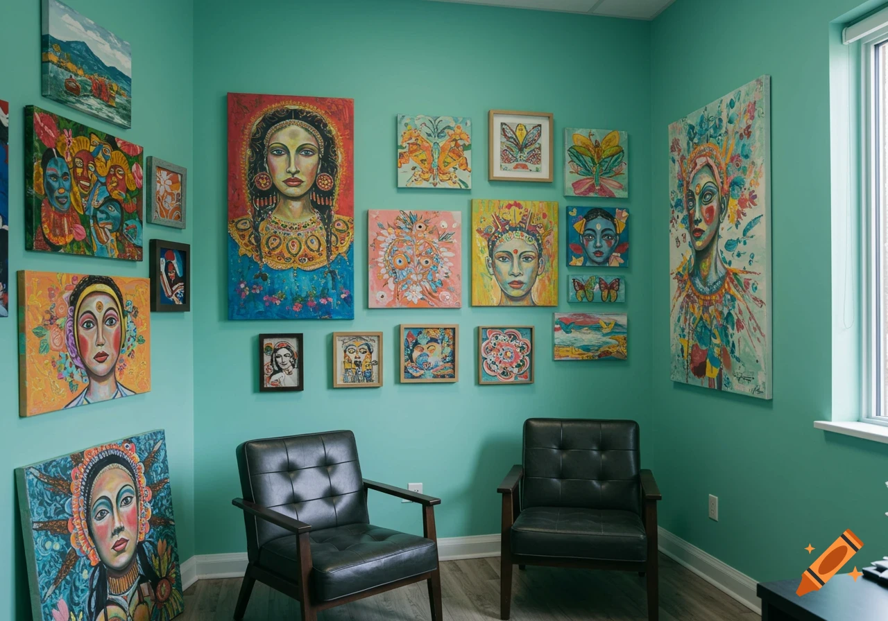 A room with two black leather chairs and colorful artwork on the walls.