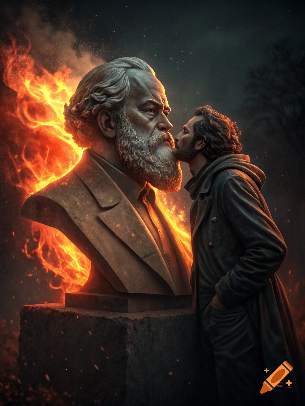 A person kisses a large stone bust of Karl Marx with flames behind it.