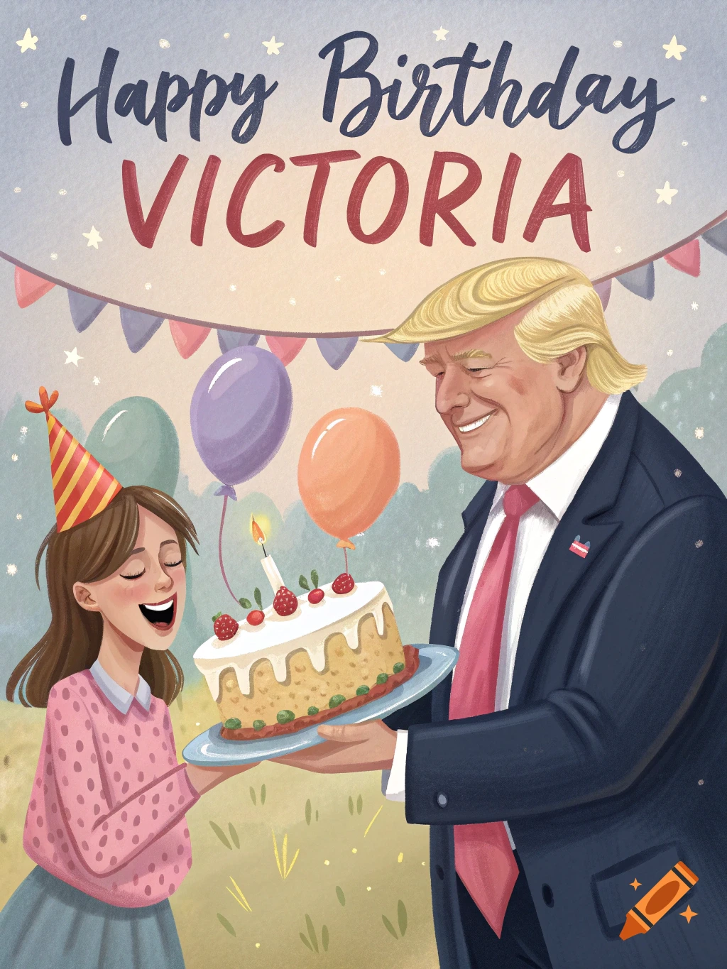 Illustration of Donald Trump giving a birthday cake to a girl with "Happy Birthday Victoria" text.