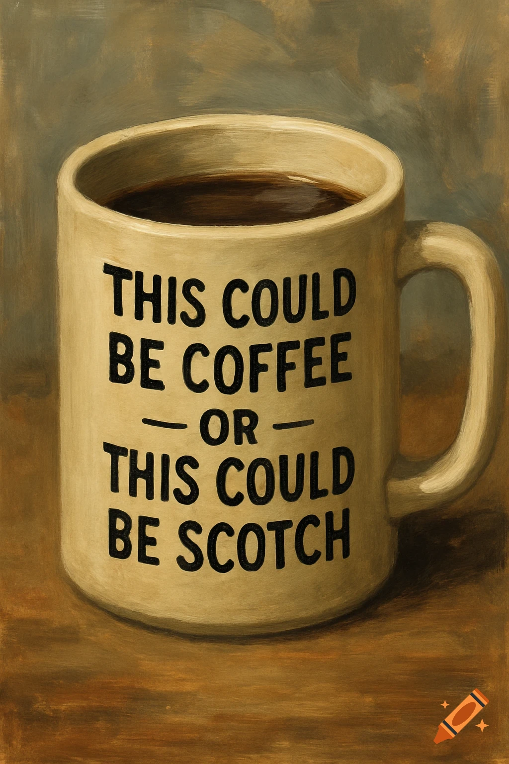 Painting of a coffee mug with the text "THIS COULD BE COFFEE - OR - THIS COULD BE SCOTCH".